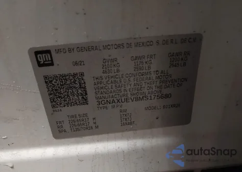 2021 Chevrolet Equinox Awd Lt z USA, uszkodzony, nr VIN 3GNAXUEV8MS175680